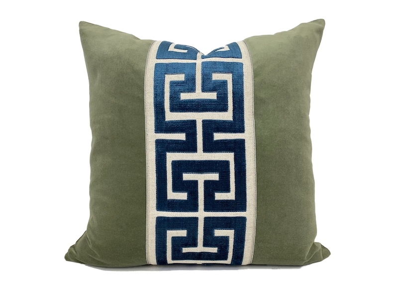 Sage Green Square Velvet Pillow Cover with Large Greek Key SELECT TRIM COLOR Navy