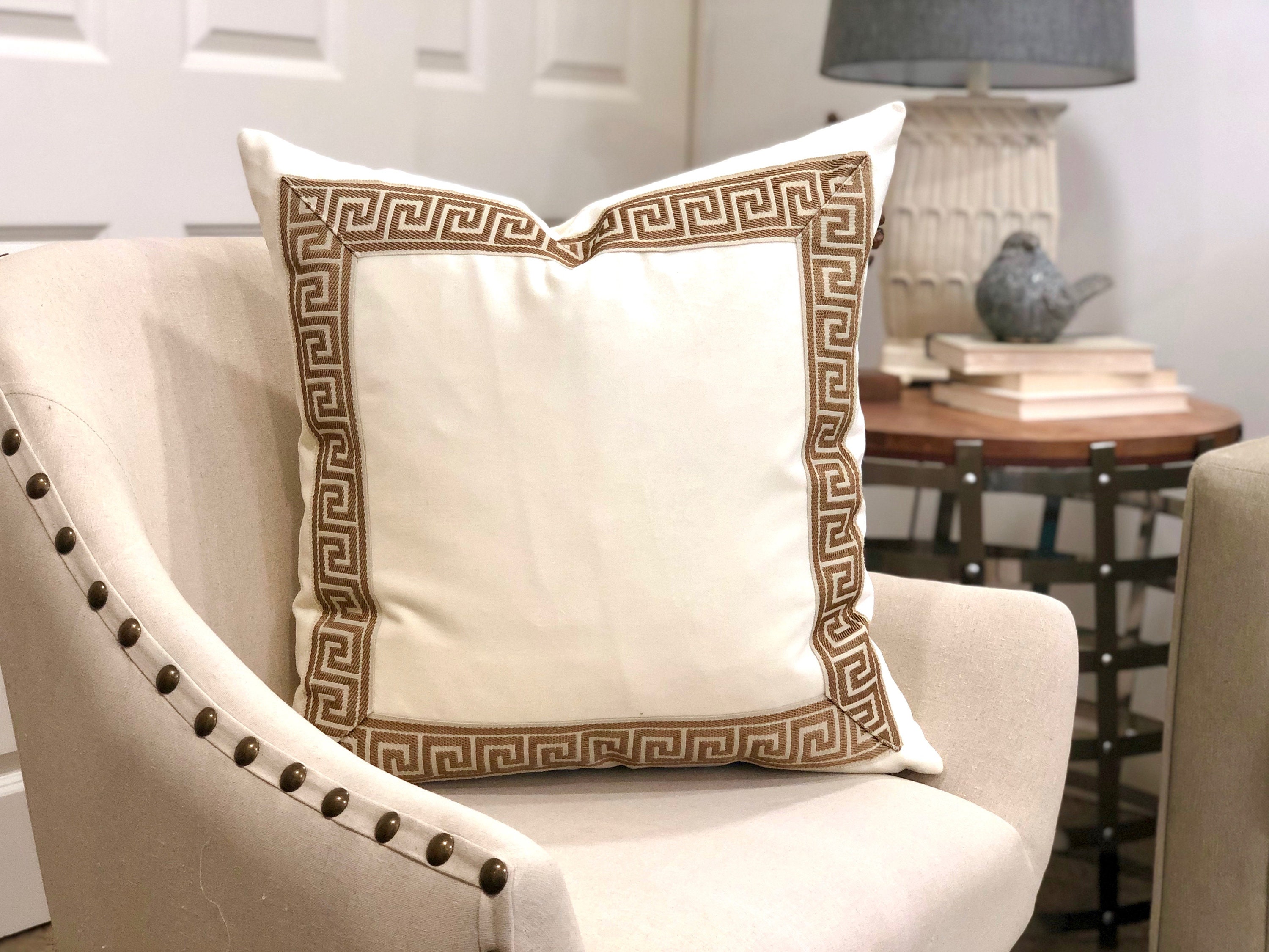Offwhite Pillow Cover With Greek Key Shown With Gold Trim Etsy