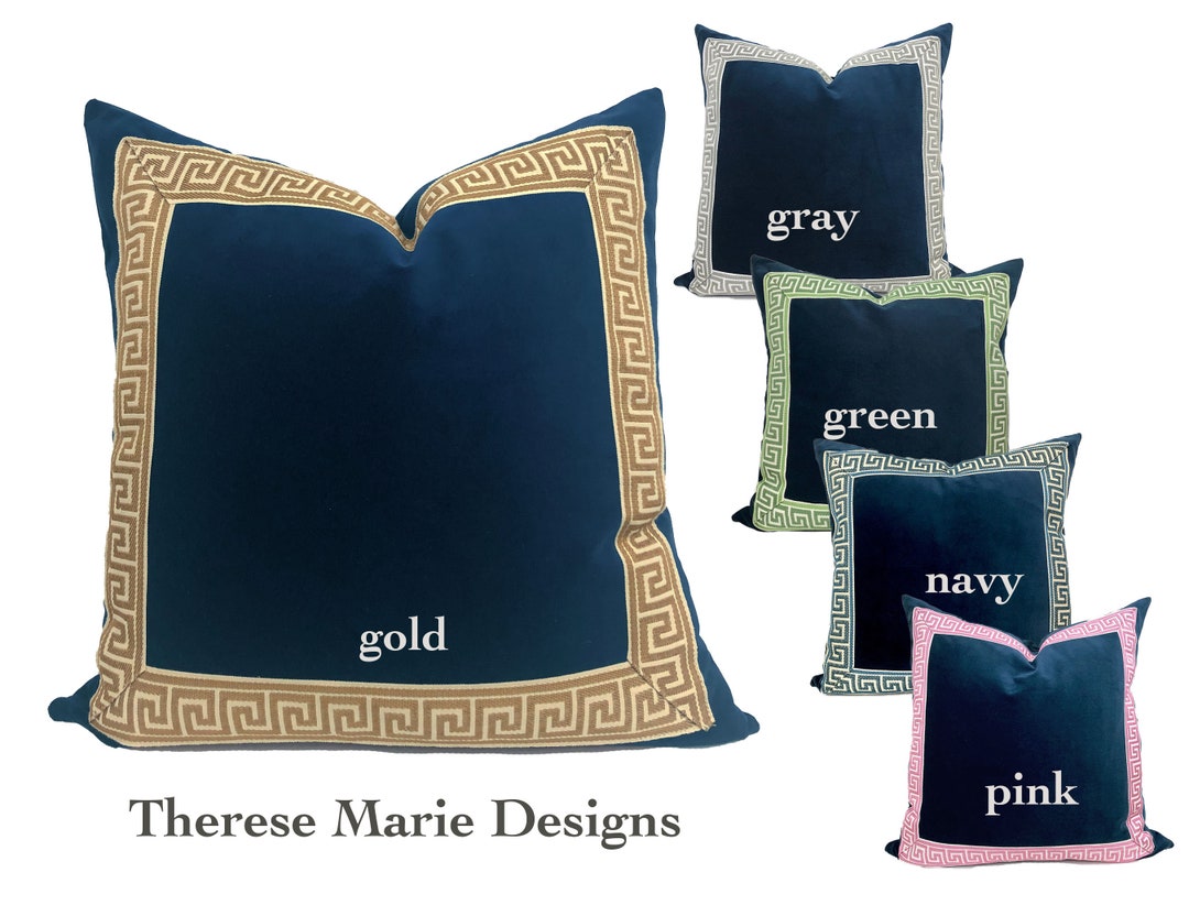 Navy Velvet Square Pillow Cover With Greek Key Trim SELECT Etsy