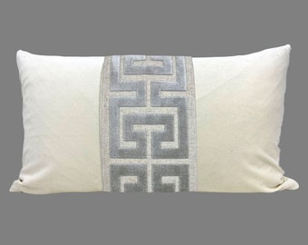 Off White Velvet Lumbar Pillow Cover with Large Greek Key Trim - SELECT TRIM COLOR