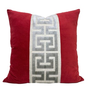 Red Velvet Pillow Cover with Large Greek Key Trim SELECT TRIM COLOR Gray