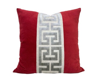 Red Velvet Pillow Cover with Large Greek Key Trim - SELECT TRIM COLOR