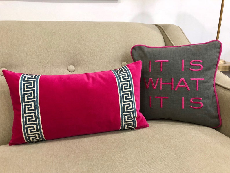 Fuchsia Pink Pillow Cover Fuchsia Velvet Lumbar Pillow with Navy Blue Greek Key Trim