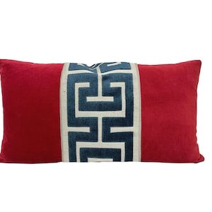 Red Velvet Lumbar Pillow Cover with Large Greek Key Trim SELECT TRIM COLOR Navy