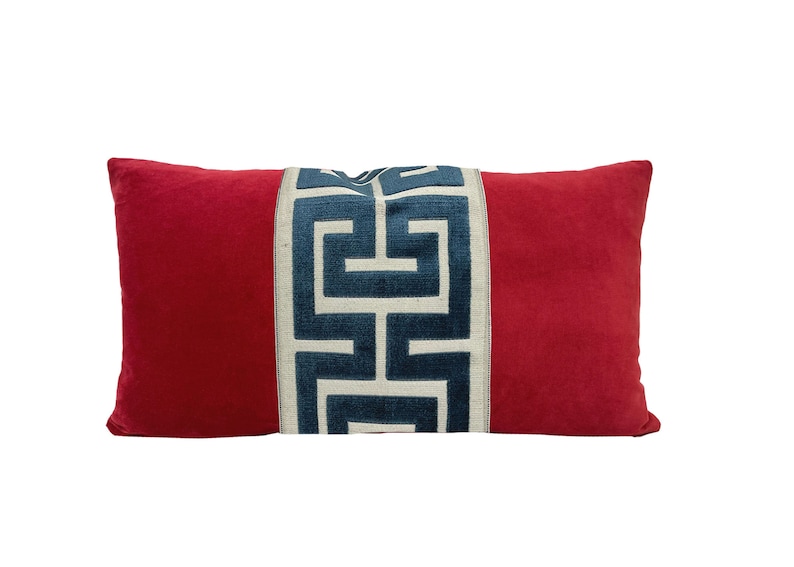 Red Velvet Lumbar Pillow Cover with Large Greek Key Trim SELECT TRIM COLOR Navy