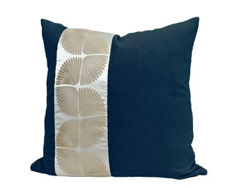Navy Velvet Pillow Cover with Wings Trim - Select WHITE or GRAY Trim