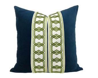 Navy Blue Square Velvet Pillow Cover with Green Hexagon Trim - SELECT TRIM COLOR