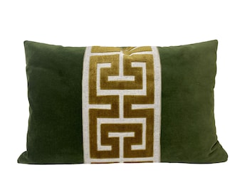 Moss Green Lumbar Pillow Cover with Large Greek Key Trim - SELECT TRIM COLOR