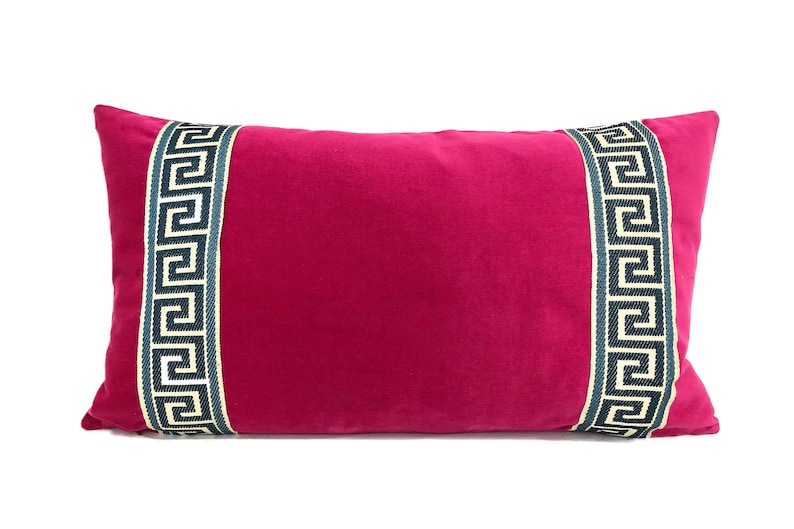 Fuchsia Pink Pillow Cover Fuchsia Velvet Lumbar Pillow with Navy Blue Greek Key Trim