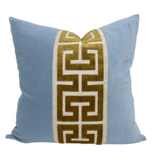 Light Blue Velvet Square Pillow Cover with Large Greek Key SELECT TRIM COLOR gold