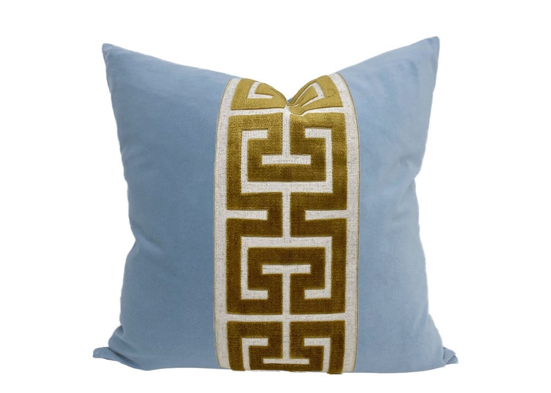 Light Blue Velvet Square Pillow Cover with Large Greek Key SELECT TRIM COLOR gold