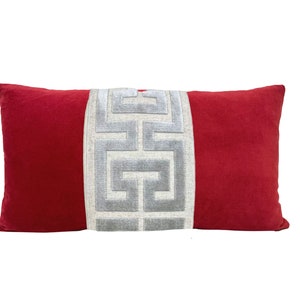 Red Velvet Lumbar Pillow Cover with Large Greek Key Trim SELECT TRIM COLOR Gray