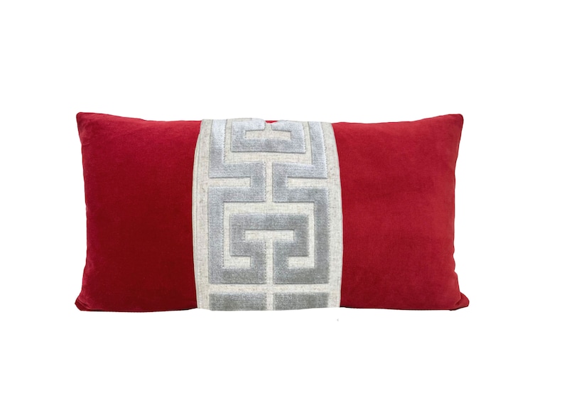 Red Velvet Lumbar Pillow Cover with Large Greek Key Trim SELECT TRIM COLOR Gray