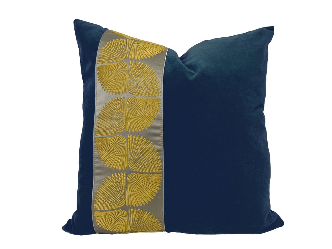 Navy Velvet Pillow Cover With Wings Trim Select WHITE or GRAY Trim Etsy