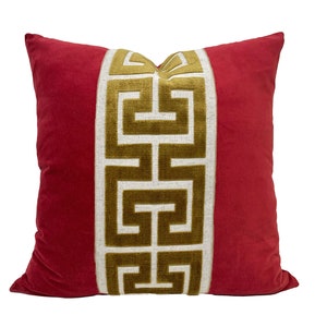 Red Velvet Pillow Cover with Large Greek Key Trim SELECT TRIM COLOR Gold