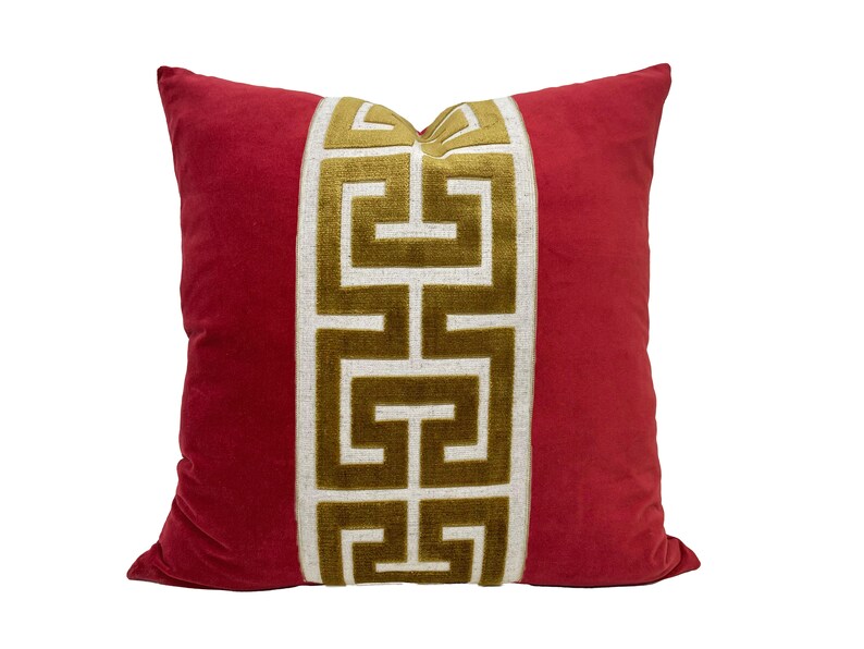 Red Velvet Pillow Cover with Large Greek Key Trim SELECT TRIM COLOR Gold