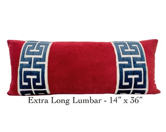 Extra Long Red Lumbar -SELECT TRIM COLOR - 14x36 Red Velvet Pillow Cover with Large Greek Key