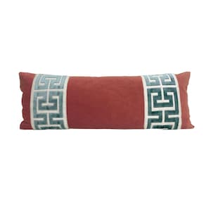 Brick Red Long Lumbar Pillow Cover with MIST Large Greek Key Trim