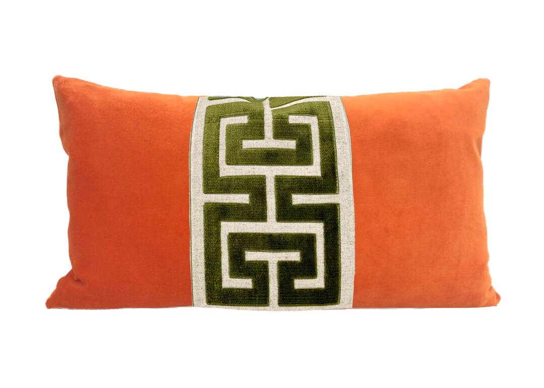 Orange Velvet Lumbar Pillow Cover With Large Greek Key Trim SELECT TRIM