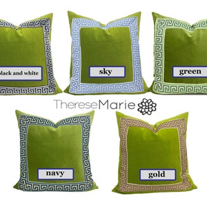 Lime Green Velvet Pillow Cover with Greek Key SELECT TRIM COLOR image 1