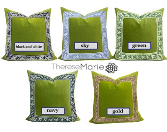 Lime Green Velvet Pillow Cover with Greek Key  - SELECT TRIM COLOR