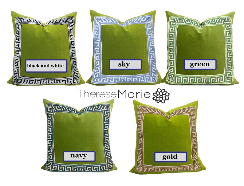 Lime Green Velvet Pillow Cover with Greek Key SELECT TRIM COLOR image 1