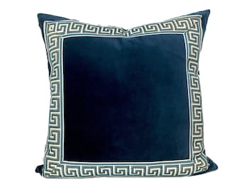 Navy Blue Velvet Square Pillow Cover with Greek Key Trim - SELECT TRIM COLOR