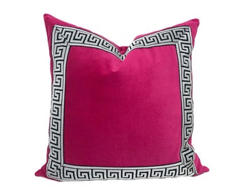 Fuchsia Pink Velvet Pillow Cover with Greek Key Trim - SELECT TRIM COLOR