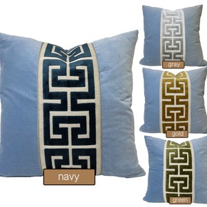 Light Blue Velvet Square Pillow Cover with Large Greek Key SELECT TRIM COLOR zdjęcie 5