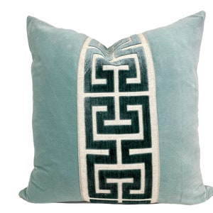 Aqua Mist Velvet Pillow Cover with Large Greek Key Trim SELECT TRIM COLOR image 3