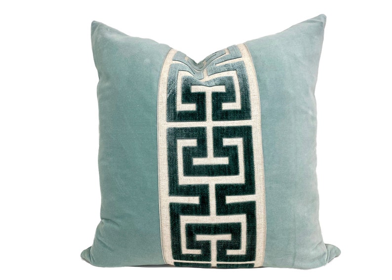 Aqua Mist Velvet Pillow Cover with Large Greek Key Trim SELECT TRIM COLOR image 3