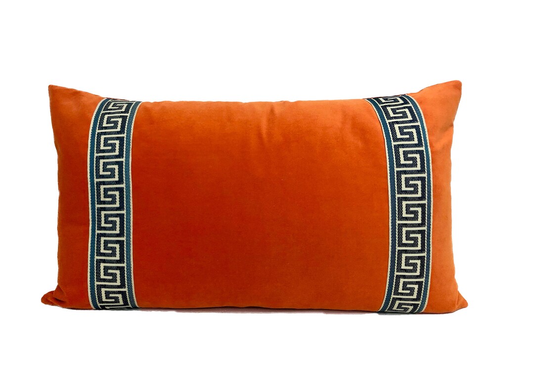 Orange Velvet Lumbar Pillow Cover With Greek Key Trim SELECT Etsy