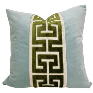 Aqua Mist Velvet Pillow Cover with Large Greek Key Trim SELECT TRIM COLOR image 1