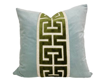 Aqua Mist Velvet Pillow Cover with Large Greek Key Trim - SELECT TRIM COLOR