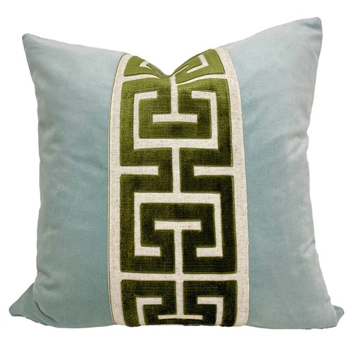 Aqua Mist Velvet Pillow Cover with Large Green Greek Key Trim