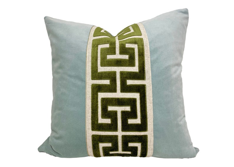 Aqua Mist Velvet Pillow Cover with Large Greek Key Trim SELECT TRIM COLOR Green