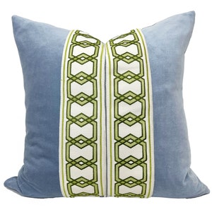 Light Blue Velvet Square Pillow Cover with GREEN Hexagon Trim