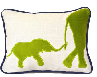 Elephant Pillow - Lumbar elephant pillow cover with lime green velvet applique and navy piping