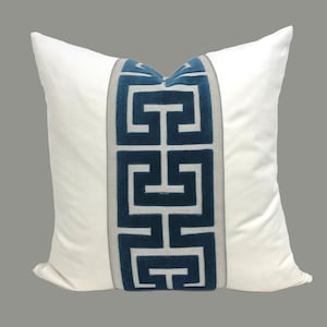 Off White Velvet Pillow Cover with Large NAVY Greek Key Trim