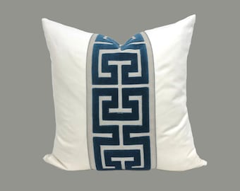 Off White Velvet Pillow Cover with Large Greek Key - SELECT TRIM COLOR