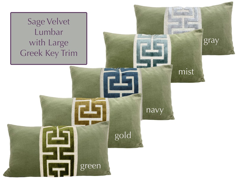 Sage Green Velvet Lumbar Pillow Cover with Large Greek Key Trim SELECT TRIM COLOR image 2