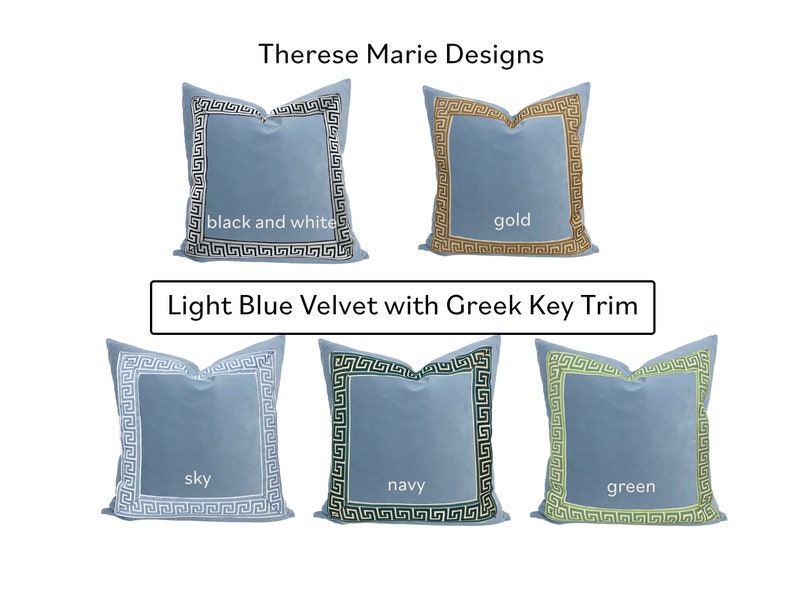 Light Blue Velvet Square Pillow Cover with Two-Inch Greek Key Trim SELECT TRIM COLOR image 2