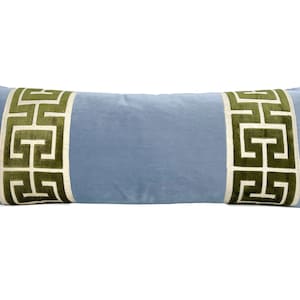 Light Blue Extra Long Lumbar Velvet Pillow Cover with Large Greek Key Trim - SELECT TRIM COLOR