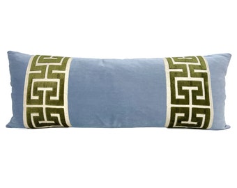 Light Blue Extra Long Lumbar Velvet Pillow Cover with Large Greek Key Trim - SELECT TRIM COLOR