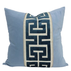 Light Blue Velvet Square Pillow Cover with Large Greek Key SELECT TRIM COLOR navy