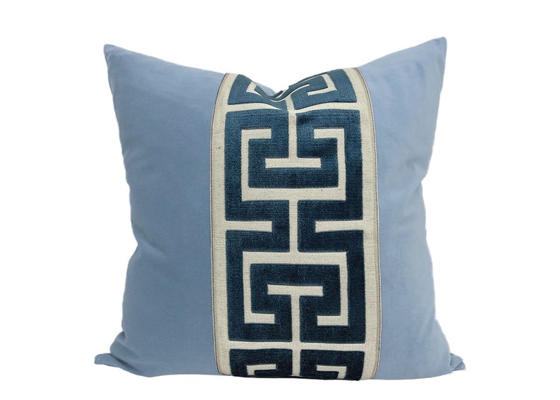 Light Blue Velvet Square Pillow Cover with Large Greek Key SELECT TRIM COLOR navy