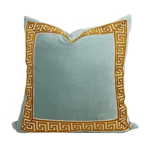 Aqua Mist Square Velvet Pillow Cover with Gold Greek Key Trim