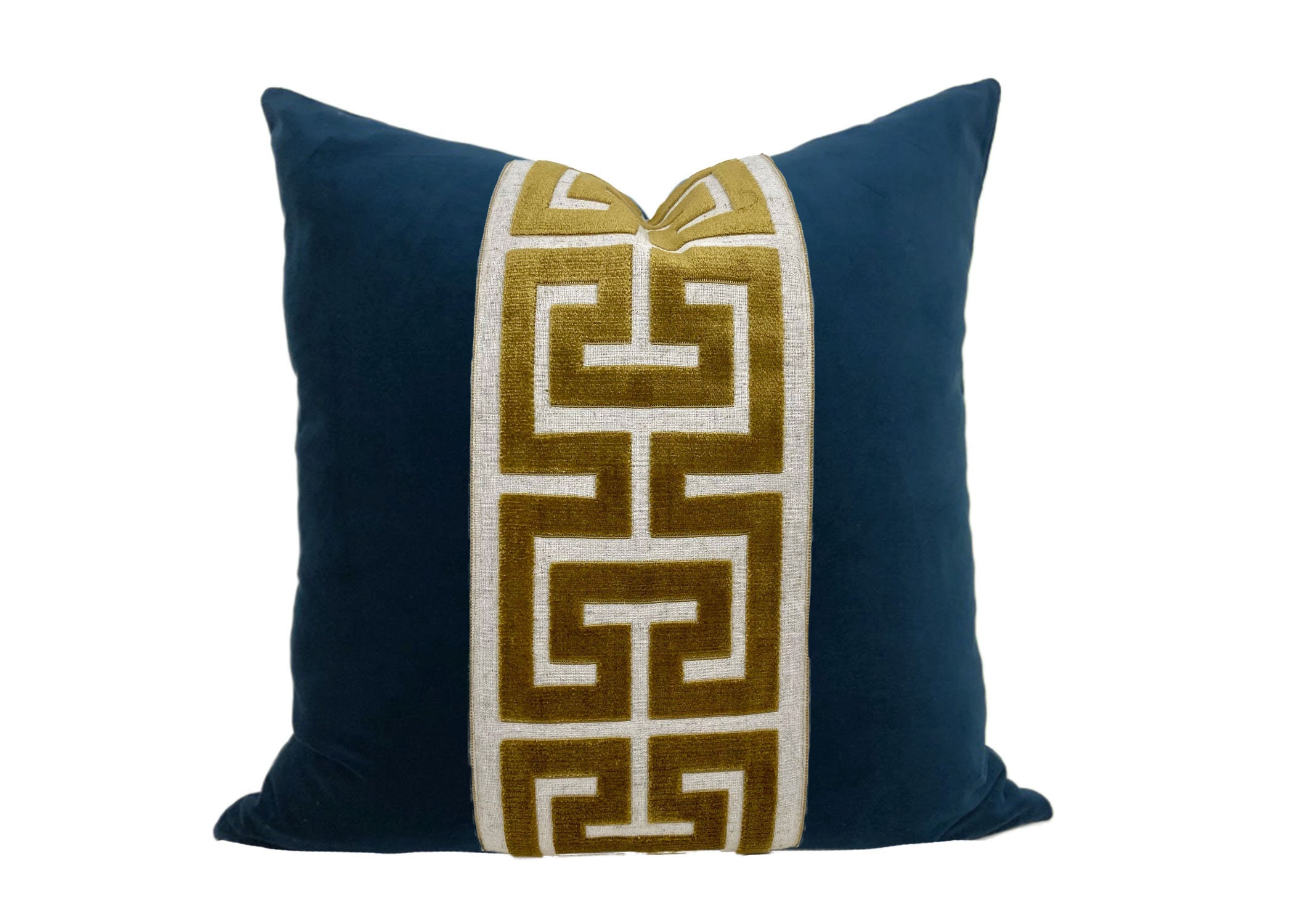Navy Blue Velvet Pillow Cover With Large GOLD Greek Key India