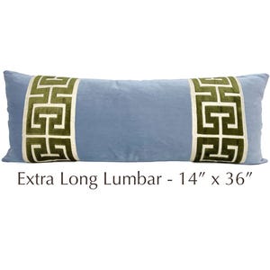 Light Blue Extra Long Lumbar Velvet Pillow Cover with Large GREEN Greek Key Trim