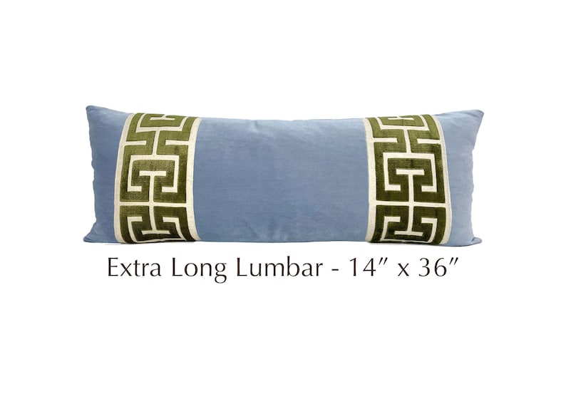 Light Blue Extra Long Lumbar Velvet Pillow Cover with Large GREEN Greek Key Trim